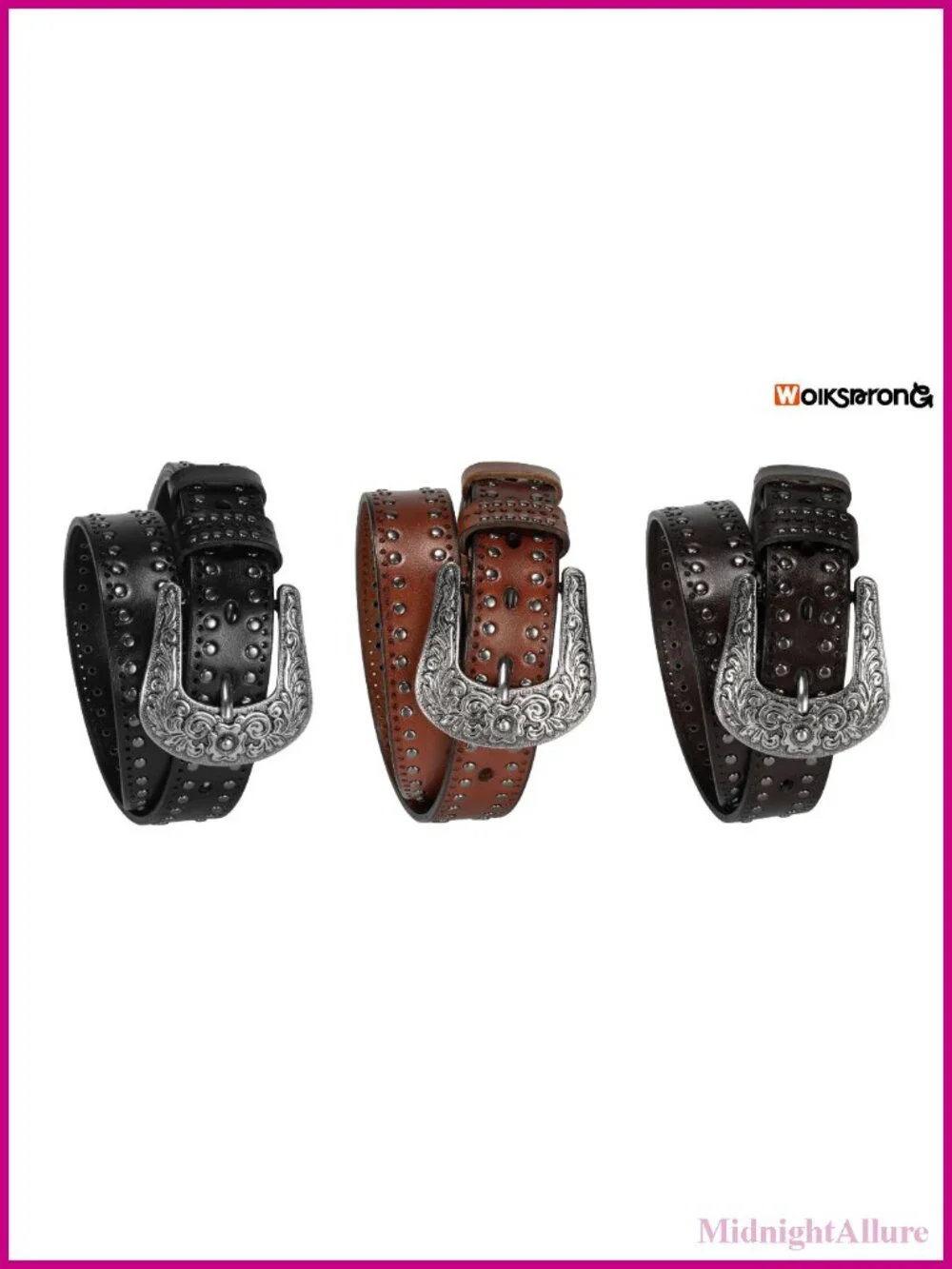 Western Studded Full-Grain Leather Belt Silver Buckle M
